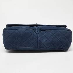 Pre Owned Chanel Blue Quilted Nubuck Leather Large Split Pocket Flap Bag