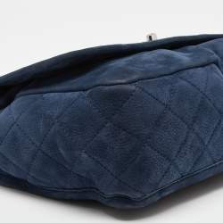 Pre Owned Chanel Blue Quilted Nubuck Leather Large Split Pocket Flap Bag
