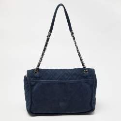 Pre Owned Chanel Blue Quilted Nubuck Leather Large Split Pocket Flap Bag
