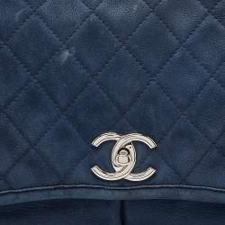 Pre Owned Chanel Blue Quilted Nubuck Leather Large Split Pocket Flap Bag
