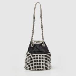 Pre Owned Chanel Black/White Mesh and Leather Bucket Bag 