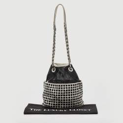 Pre Owned Chanel Black/White Mesh and Leather Bucket Bag 