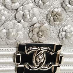 Chanel Silver Quilted Leather Small Camellia Applique Boy Flap Bag