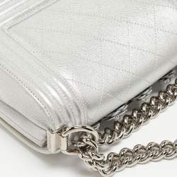 Pre Owned Chanel Silver Quilted Leather Small Camellia Applique Boy Flap Bag
