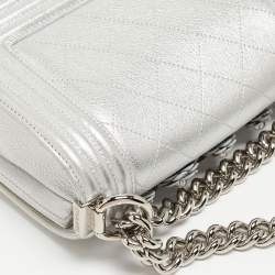 Chanel Silver Quilted Leather Small Camellia Applique Boy Flap Bag