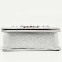 Pre Owned Chanel Silver Quilted Leather Small Camellia Applique Boy Flap Bag