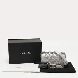 Chanel Silver Quilted Leather Small Camellia Applique Boy Flap Bag