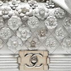 Chanel Silver Quilted Leather Small Camellia Applique Boy Flap Bag