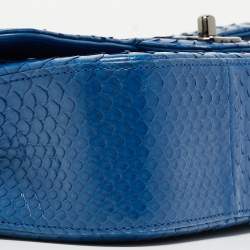 Pre Owned Chanel Blue Python Medium Classic Double Flap Bag