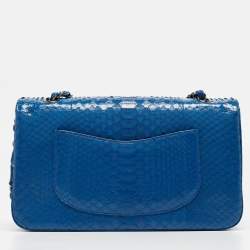 Pre Owned Chanel Blue Python Medium Classic Double Flap Bag
