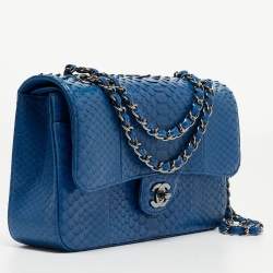 Pre Owned Chanel Blue Python Medium Classic Double Flap Bag