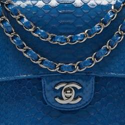 Pre Owned Chanel Blue Python Medium Classic Double Flap Bag
