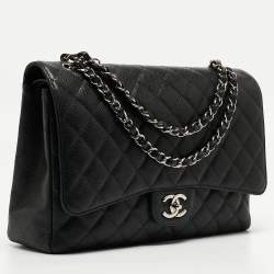 Pre Owned Chanel Black Quilted Caviar Leather Maxi Classic Double Flap Bag