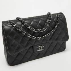 Pre Owned  Chanel Black Quilted Caviar Leather Jumbo Classic Double Flap Bag