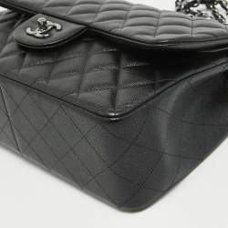Pre Owned  Chanel Black Quilted Caviar Leather Jumbo Classic Double Flap Bag