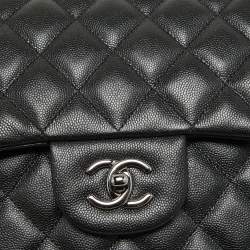 Pre Owned  Chanel Black Quilted Caviar Leather Jumbo Classic Double Flap Bag
