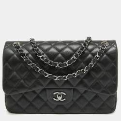 Pre Owned  Chanel Black Quilted Caviar Leather Jumbo Classic Double Flap Bag