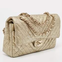 Pre Owned Chanel Gold Chevron Patent Leather Medium Classic Double Flap Bag