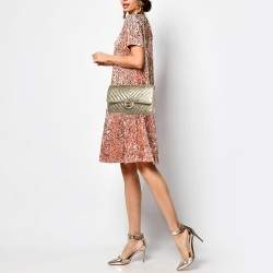 Pre Owned Chanel Gold Chevron Patent Leather Medium Classic Double Flap Bag