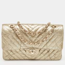 Pre Owned Chanel Gold Chevron Patent Leather Medium Classic Double Flap Bag