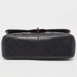 Pre Owned Chanel Black Quilted Caviar Leather Jumbo Classic Double Flap Bag