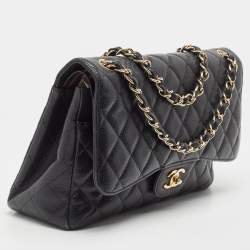 Pre Owned Chanel Black Quilted Caviar Leather Jumbo Classic Double Flap Bag