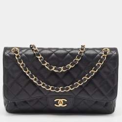 Pre Owned Chanel Black Quilted Caviar Leather Jumbo Classic Double Flap Bag