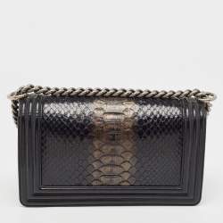 Pre Owned Chanel Black Python and Patent Leather Medium Boy Flap Bag