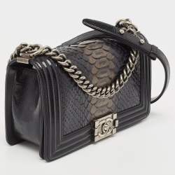 Pre Owned Chanel Black Python and Patent Leather Medium Boy Flap Bag