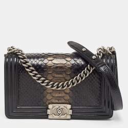 Pre Owned Chanel Black Python and Patent Leather Medium Boy Flap Bag