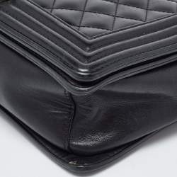 Pre Owned Chanel Black Quilted Patent Leather Medium Boy Bag