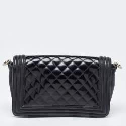 Pre Owned Chanel Black Quilted Patent Leather Medium Boy Bag