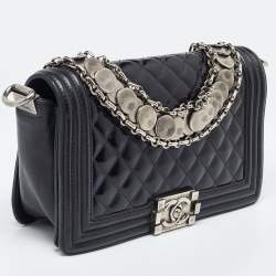 Pre Owned Chanel Black Quilted Patent Leather Medium Boy Bag