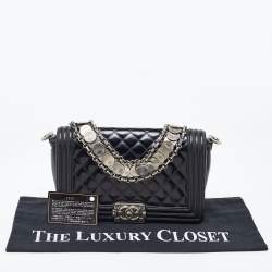 Pre Owned Chanel Black Quilted Patent Leather Medium Boy Bag