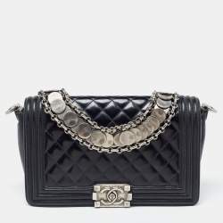 Pre Owned Chanel Black Quilted Patent Leather Medium Boy Bag