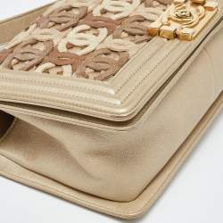 Pre Owned Chanel Gold CC Cut Out Leather Medium Boy Bag