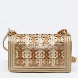 Pre Owned Chanel Gold CC Cut Out Leather Medium Boy Bag