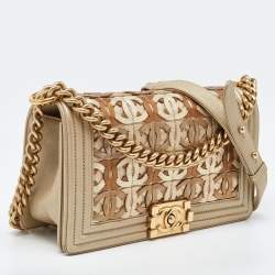 Pre Owned Chanel Gold CC Cut Out Leather Medium Boy Bag