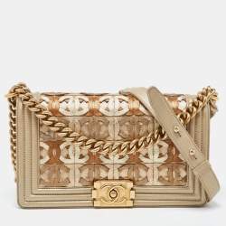 Pre Owned Chanel Gold CC Cut Out Leather Medium Boy Bag