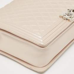 Pre Owned Chanel Pearl White Shimmer Quilted Leather Large Boy Flap Bag