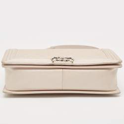 Pre Owned Chanel Pearl White Shimmer Quilted Leather Large Boy Flap Bag