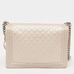 Pre Owned Chanel Pearl White Shimmer Quilted Leather Large Boy Flap Bag