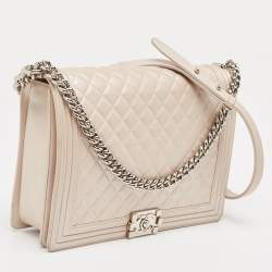 Pre Owned Chanel Pearl White Shimmer Quilted Leather Large Boy Flap Bag