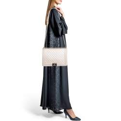 Pre Owned Chanel Pearl White Shimmer Quilted Leather Large Boy Flap Bag