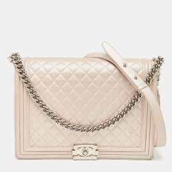 Pre Owned Chanel Pearl White Shimmer Quilted Leather Large Boy Flap Bag