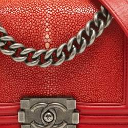 Pre Owned Chanel Red Stingray and Leather Small Boy Flap Bag