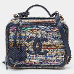 Pre Owned Chanel Multicolor Quilted Tweed and Python Medium CC Filigree Vanity Case Bag