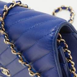 Chanel Blue Chevron Leather Classic Wallet on Chain