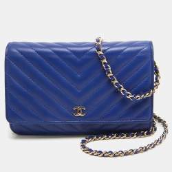 Chanel Blue Chevron Leather Classic Wallet on Chain