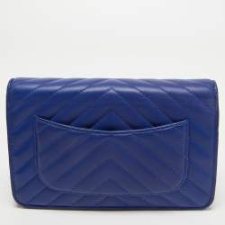 Chanel Blue Chevron Leather Classic Wallet on Chain